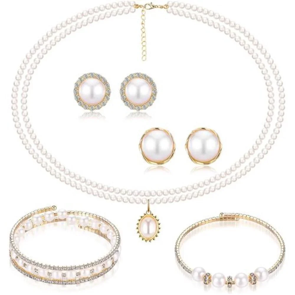Gold Pearl Rhinestone Jewelry Set for Women Pearl Necklace Bracelet Earrings